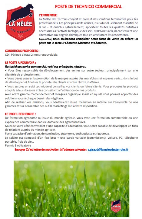 📢 La Mêlée des Terroirs recrute! 
Poste: Technico Commercial 

Envoyer CV et lettre de motivation à l’adresse suivante : s.giraud@lameleedesterroirs.fr
